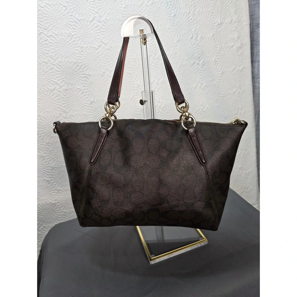 Coach Kelsey Satchel Mahogany Brown Signature Canvas Leather Handbag with COA